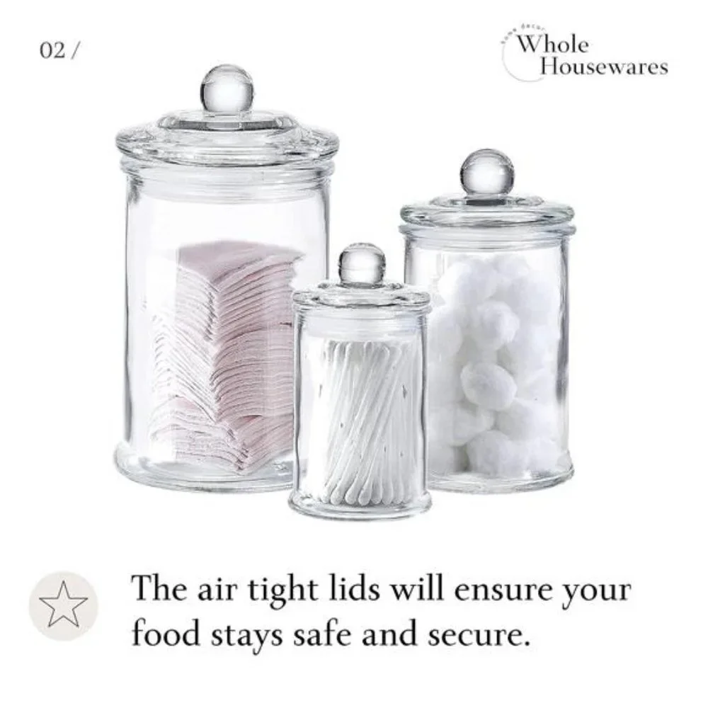 Set of 3 Bathroom Canisters - Container Jars - Glass Apothecary Jars with Lids